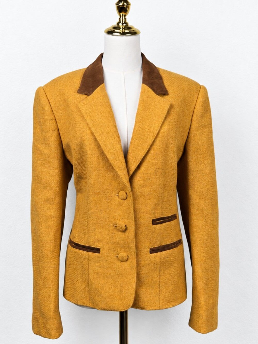 Vintage 90s SK & Company Mustard Wool Blazer Suede Collar Equestrian Academia 12